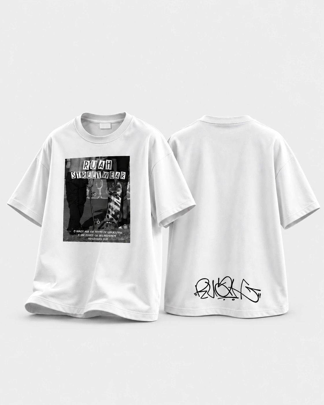 AMIGO — Camiseta branca · arte frontal e assinatura nas costas sobre fundo cinza claro