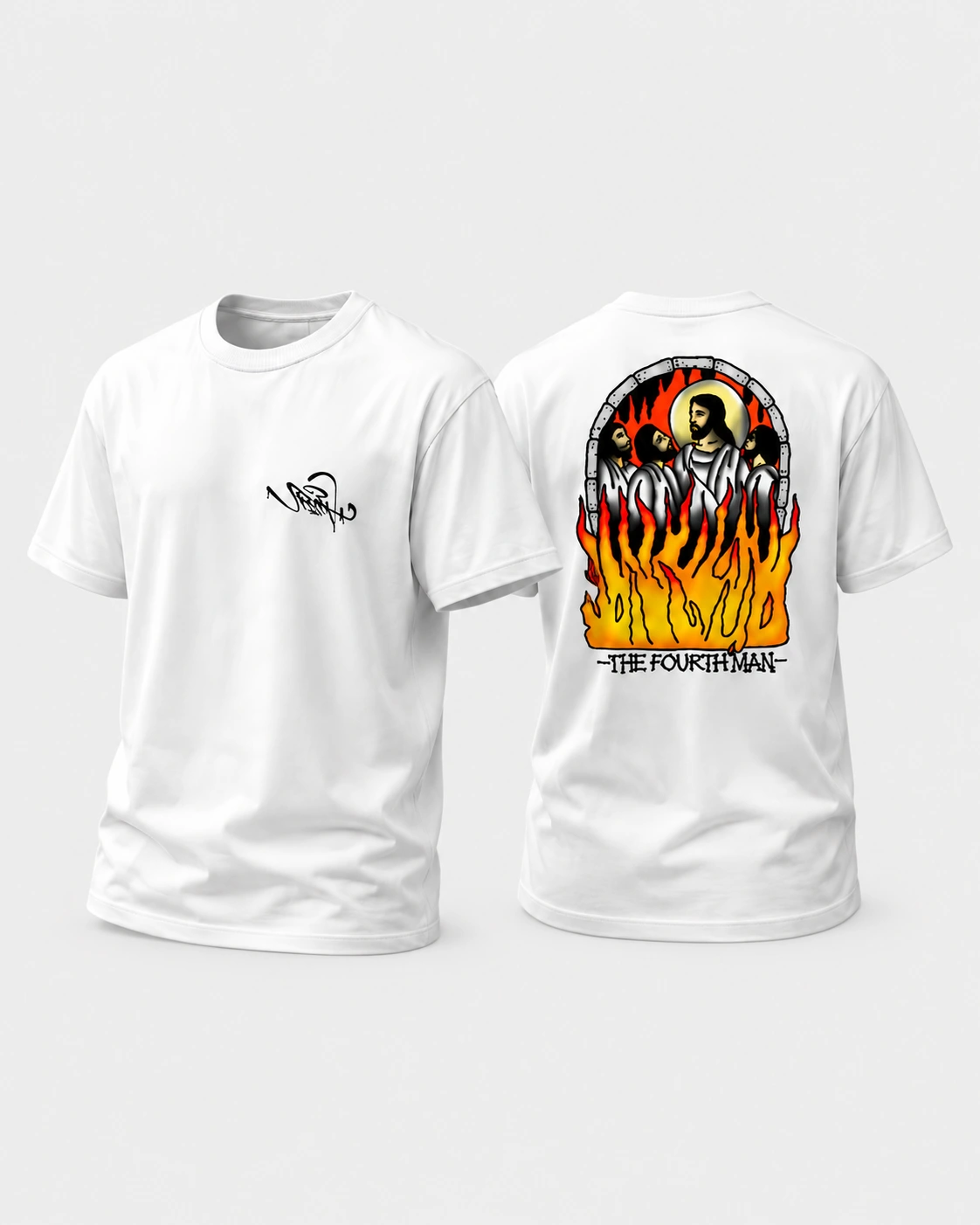 FORNALHA — Camiseta branca · The Fourth Man sobre fundo cinza claro