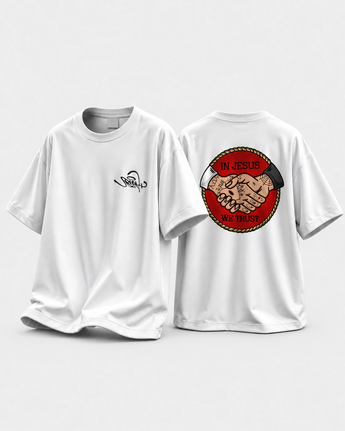 IN JESUS WE TRUST - OLD SKOOL — Camiseta branca · arte old skool nas costas sobre fundo cinza claro