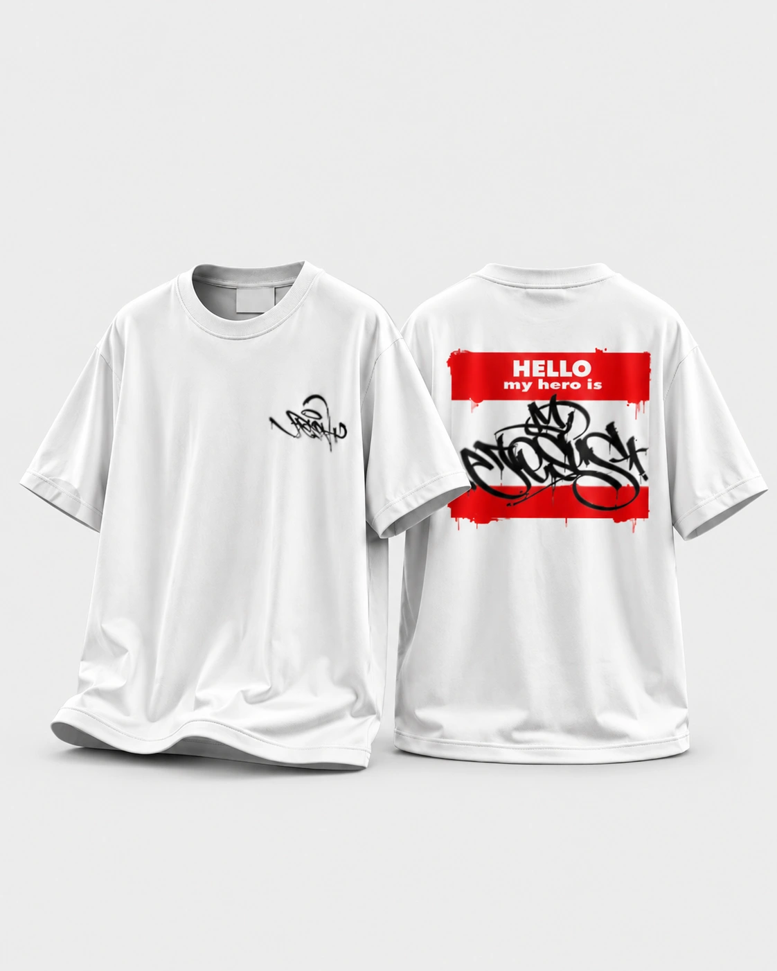 MY HERO — Camiseta branca · My hero is Jesus sobre fundo cinza claro