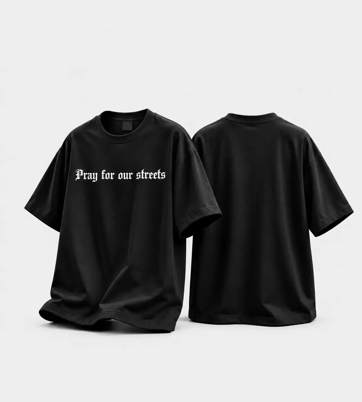Camiseta preta RUAH com a frase Pray for our streets