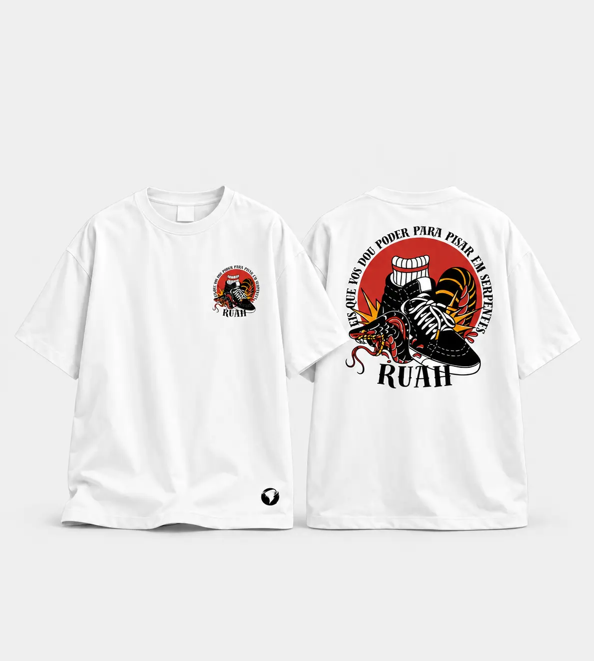 Camiseta branca RUAH com arte Eis que vos dou poder para pisar em serpentes